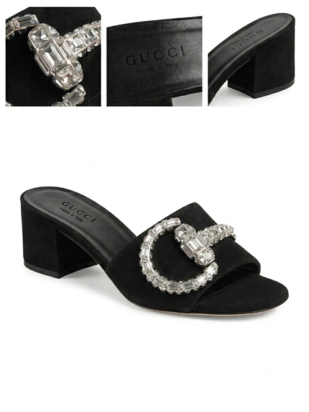 Gucci Maxime Black Suede Crystal Horsebit Slide Sandals Block Heel Size 37
